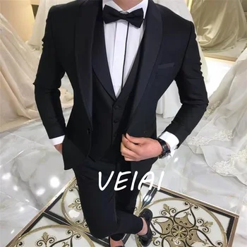 Blue Slit Mens Suits 3 Piece Black Shawl Lapel Casual Tuxedos for Wedding Groomsmen Suits Men 2023 (Blazer + Vest + Pants)