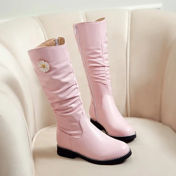 2021 Елегантна мода розова кожа момиче деца есен зима топла платформа ботуши нисък ток малък размер 26-43 дамски обувки K80-2