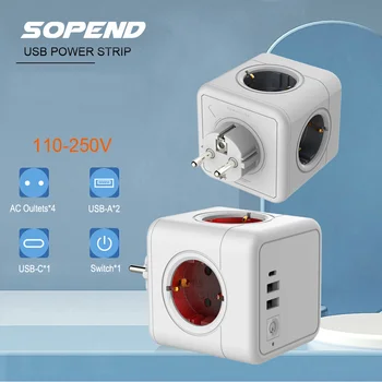 Sopend EU Wall Socket Cube Power Strip с 4 AC изхода 3 USB C порта за зареждане Множество електрически контакти адаптер за домашно пътуване