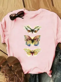 Butterfly акварел 90s тенденция облекло женски Tee лятна мода къс ръкав печатни дрехи жени случайни T графични тениски