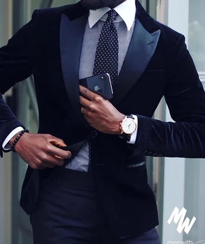 Нова мода по поръчка младоженец износване Navy Blue връх ревера кадифе смокинги сватбени костюми за мъже 2 парчета (яке + панталон + вратовръзка)