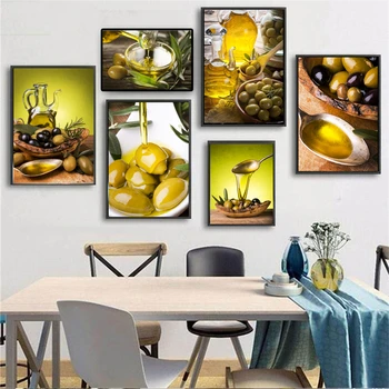 Кухненски плакат Реколта антични платно печат зелени маслини с клон и естествен зехтин стена изкуство декоративни платно картини