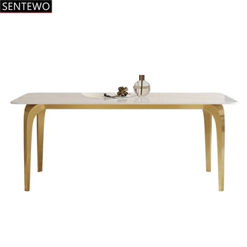 Луксозна маса за хранене от рок плоча с комплект стол за хранене Златна рамка от неръждаема стомана Faux Marble маса вечеря стол basse marbre