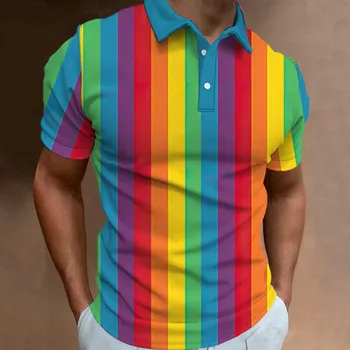 Нова мъжка поло риза 3d дъга отпечатани мъжки дрехи лято случайни къс ръкав хлабав извънгабаритни риза улица мода върховете тениски