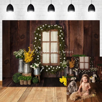 Spring View Window Backdrops Kids Baby Cake Smash Birthday Photocall Props Girl Children Floral Wooden Wall Decor Background