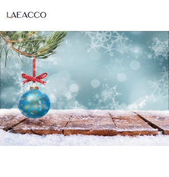 Laeacco Фотография Фонове Зимен сняг Коледна топка парти Снежинка Дървен под Детски фото фон за фото студио