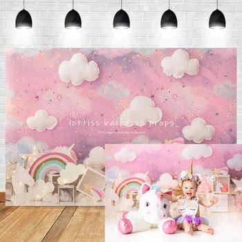 еднорози Rainbow Backdrops Момиче Детски торта Smash Портрет Подпори Бебешка фотография Рожден ден Дете Еднорог Облаци Фонове