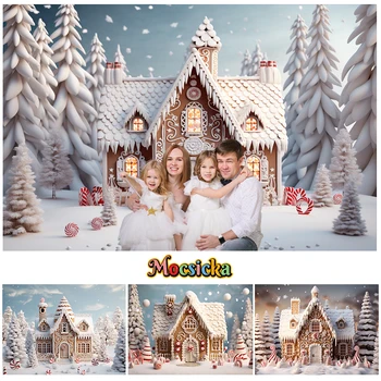 Mocsicka Winter Xmas Gingerbread House Фотография Фон Детски семеен портрет Фон Коледно дърво бонбони декор подпори