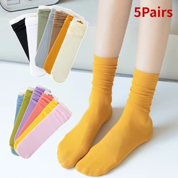 5Pairs чорапи жени плътен цвят четири сезона могат да носят тънки чорапи средата тръба бонбони цвят валцувани ръб купчина чорапи на едро