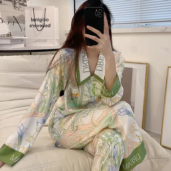 зелен печат цвете пижама костюм дамски шезлонги дълъг ръкав риза и панталони сатен 2бр луксозно нощно облекло спално бельо лято ново