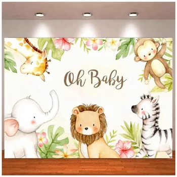 Safari Animals Baby Shower Photography Backdrop Акварелен фон за декорация Oh Baby First Birthday Party Photo Banner