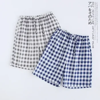Casual Начало Пижами Решетка Летен стил мъже Прост размер памук и талия Голям ластик Японски марля шорти панталони жени двойка