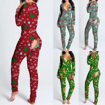 Секси Onesies Преден бутон надолу Обратно печат Гащеризони Bum Butt V-образно деколте пижама Коледа Loungewear клапа Дамски гащеризон пижами