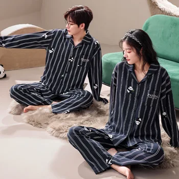 Висококачествено 95% памучно домашно облекло за двойки Есен Мъжка жилетка Пижами Комплект Дамски нощници Мода Пижами Пижами Hombre
