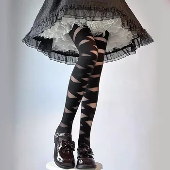 Хелоуин готическа превръзка мрежести чорапогащи за жени момичета секси черна мрежа чорапогащник кръст каишка Лолита чорапи над коляното JK чорапи