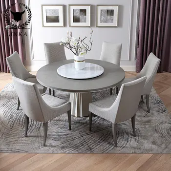 Американска лека луксозна кръгла маса за хранене от масивно дърво, модерна минималистична мраморна грамофонна маса за хранене и комбинация от столове