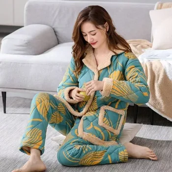 Нова чиста памучна подплатена пижама жени с удебелена изолация млади хора супер дебели модни удобни домашни дрехи