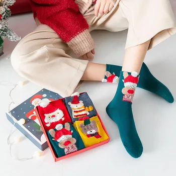Коледа жени чорап зимата топло Kawaii чорапи мек памук сладък Дядо Коледа елен чорапи за момиче Коледа кутия опаковане подарък чорапи
