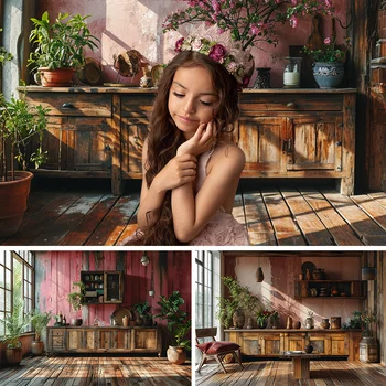 Пролетна фотография фон селски стена декор с дървени рамки светло розово бебе душ рожден ден портрет фон фото студио