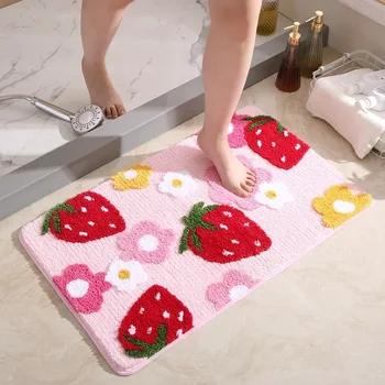 Сладък килим за баня с цветя, машинно пране на подова подложка за баня, изключително мек абсорбиращ неплъзгащ се килим за баня