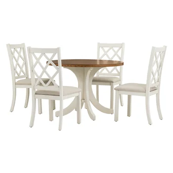 Масивна дървена кръгла маса за хранене, комплект кухненска маса с тапицирани столове за малки места, орехова маса+