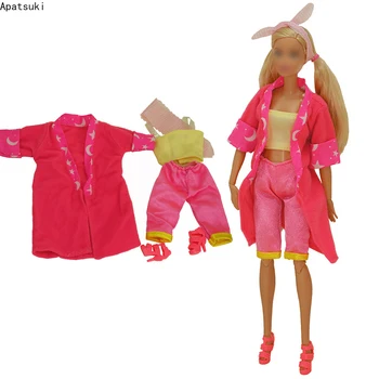 Горещи розови костюми костюми за кукла Барби дрехи комплект светло жълти върхове дълго палто шорти обувки лента за коса 1/6 кукли аксесоари