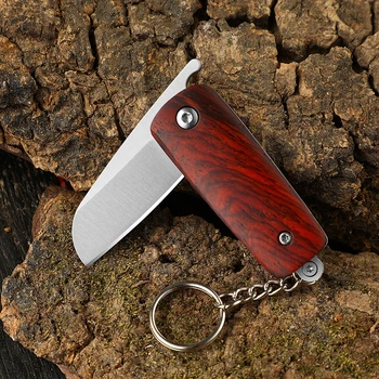 Мини сгъваем джоб Ключодържател Нож D2 Острие Дървена дръжка Тактически ножове за врата Оцеляване Самозащита Къмпинг EDC ножове Ръчен инструмент