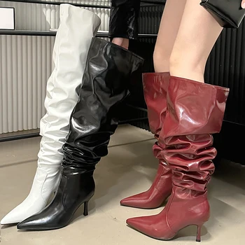 Дамски обувки за западни дълги ботуши приплъзване на обувки модни токчета обувки заострени пръсти плисирани модерни секси дами коляното високи ботуши