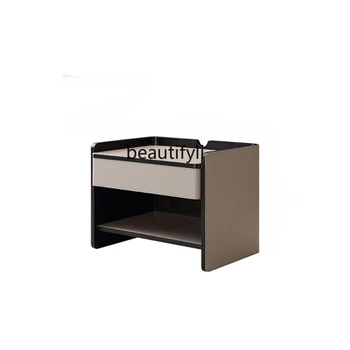 италиански минималистичен масивна дървесина седло кожа нощно шкафче спалня модерен минималистичен нощно шкафче за съхранение