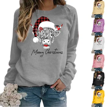 Дамски пуловер с дълъг ръкав около врата модерен топ хлабав монтаж облекло Коледа крава печат жените есенен пуловер