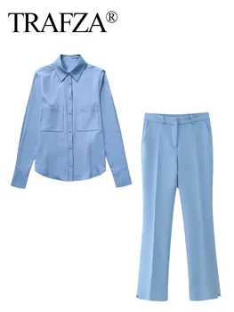 TRAFZA Есенни комплекти Жена 2023 Модерен син завой-надолу яка дълги ръкави единични гърди ризи + висока талия джобове цип панталони