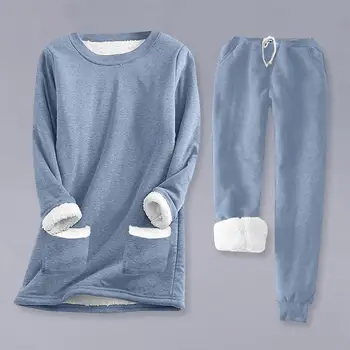 Плътен цвят върховете панталони комплект уютен руно облицована пижама комплект с шнур талията дълъг ръкав пуловер за жени есен зима