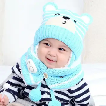 2Pcs зимна бебешка шапка шал комплект плътен цвят малко дете бебе капак сладък помпон плетени шапки на открито топло бебе аксесоари 1-5Y
