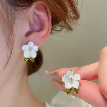 MENGJIQIAO Корейски перла капково глазура цвете родословни обеци за жени момичета прости свежи листа мода Brincos бижута подаръци