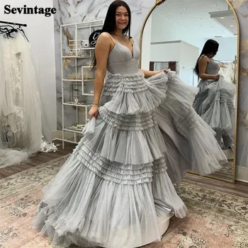 Sevintage елегантна сива тюл абитуриентска рокля A-Line спагети каишка диференцирани Ruched официална вечерна рокля етаж дължина парти рокля 2024