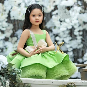 Зелени рокли цвете момиче шампанско спагети каишка без ръкави коледна рокля за принцеса 2023 Новопристигнали