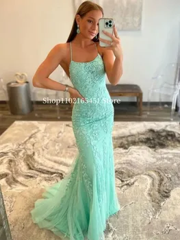 Mint Green Lace Mermaid Long Evening Prom Gowns For Women Formal Sexy Criss Cross Backless Spaghetti Appliques Bridsmaid Dresess