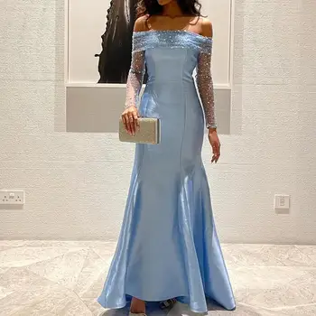 Flavinke Елегантни сини арабски русалка вечерни рокли за жени сватбено парти дълги ръкави Дубай Официален абитуриентски бал vestidos de noche