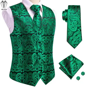 Hi-Tie зелен цветен копринен мъжки жилетка Hankerchief копчета за ръкавели комплект жакард костюм жилетка без ръкави яке за сватбен бизнес подарък