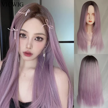 VICWIG Дълги синтетични жени лилава смесена перука средна част Lolita Cosplay естествена пухкава коса топлоустойчива перука за ежедневно парти