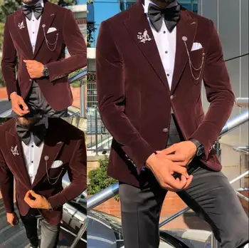 Специално изработени модни сватбени мъжки костюми костюм Homme Mariage 2 Piece Formales Groom Blazer Tuxedos мъжко кадифено палто черни панталони