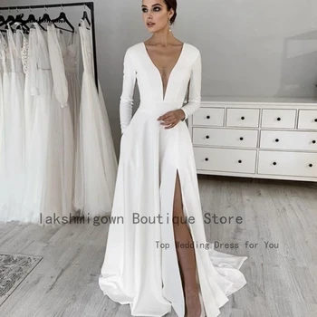 Lakshmigown Елегантна булчинска бяла сватбена рокля с дълъг ръкав 2024 Vestidos Simple A Line сатенени парти рокли Висока страна Сплит