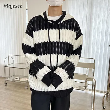 Мъжки пуловер Casual Baggy Hooded Striped Spring Autumn All-match Youthful Advanced Contrast Color Korean Style Streetwear Simple