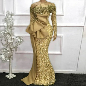 Златни пайети русалка майка на булката рокли пълни ръкави дантела апликация мъниста сватба вечерна рокля персонализирани
