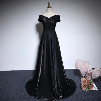 Класически черен официален вечер Макси рокля жени лодка врата твърди сатенени парти рокли елегантен прост абитуриентски рокля Vestidos De Noche