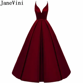 JaneVini кръст обратно бургундски шаферски рокли дълги линия v-образно деколте сатен бала официални сватбени рокли 2019 Дължина на пода