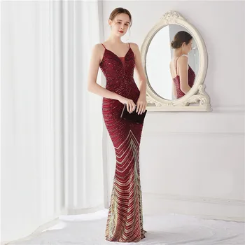 Очарователна винена червена официална вечерна рокля лъскави пайети без гръб спагети презрамки русалка парти абитуриентски рокли за сватба в наличност