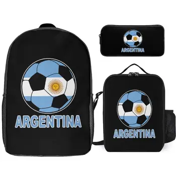 Argentina Soccer 3Pcs раница комплект сладък лаптоп раница пътуване daypack с обяд чанти молив случай деца тийнейджър момчета училище чанта