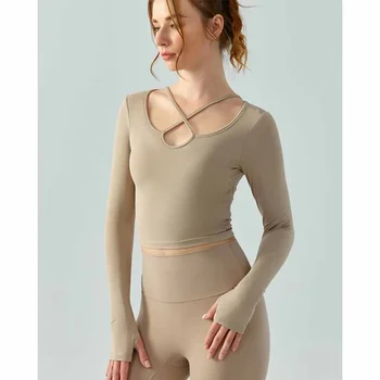 Секси Suspender Спортни дълъг ръкав гърдите Pad Top Pure Desire Wind Tight Slim Yoga Clothes Дишащи бързосъхнещи фитнес дрехи