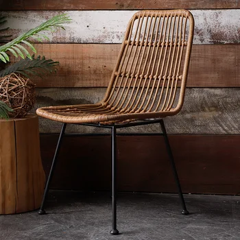 2pcs Скандинавски столове за хранене Ратан ръчно тъкан ратан желязо балкон отдих стол американски дом вътрешен прост ратан трапезен стол